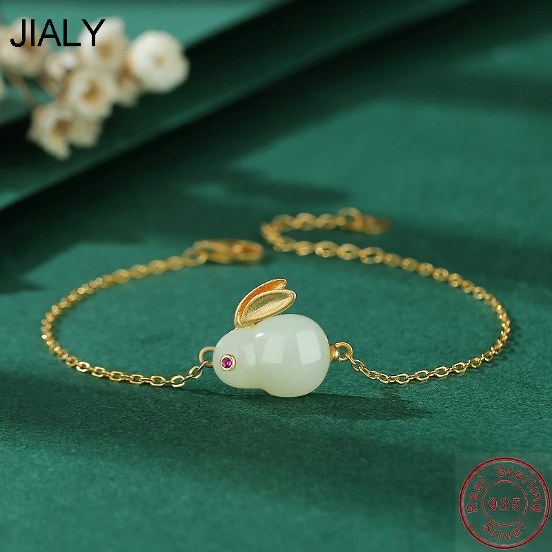 

European S925 Sterling Silver Bracelet Gold Color Jade Rabbit For Women Birthday Party Gift Jewelry