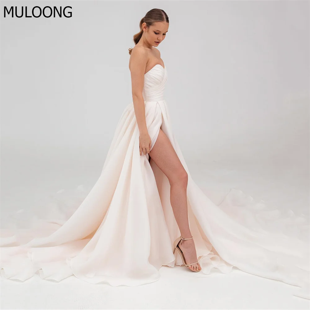 

MULOONG Elegant Sweetheart Sleeveless Pleat A Line Backless Wedding Dress High Side Slit Floor Length Sweep Train Gown New 2023