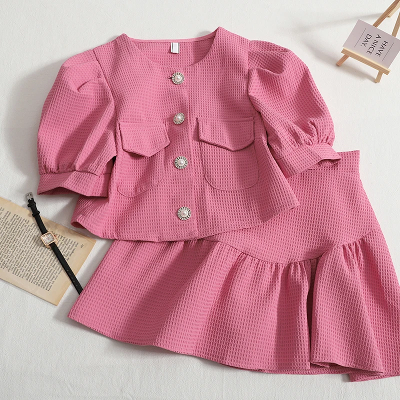 New 2022 High Quality Women2 Piece Sets Lady Vintage Bubble Seeve Shirt and Elastic Waist Puffy Skirt Two Piece Set