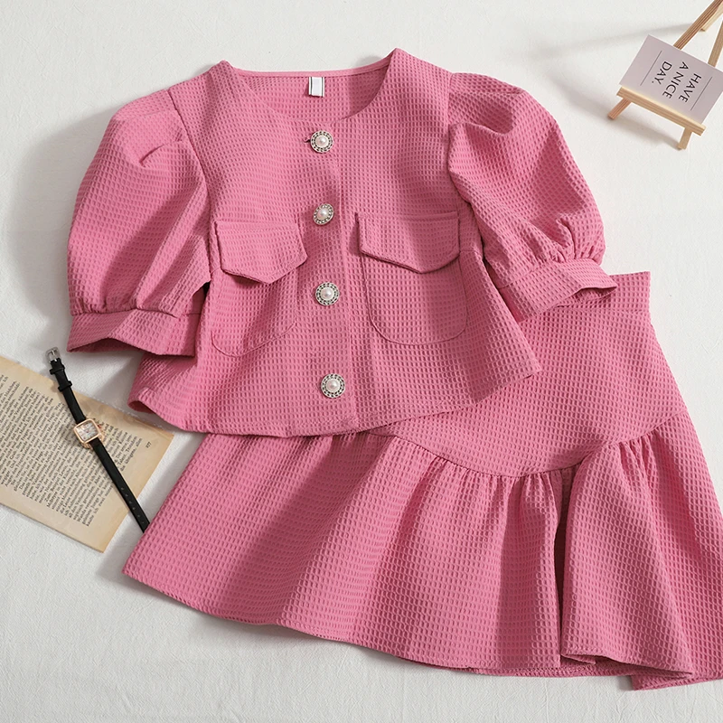 

New 2022 High Quality Women2 Piece Sets Lady Vintage Bubble Seeve Shirt and Elastic Waist Puffy Skirt Two Piece Set