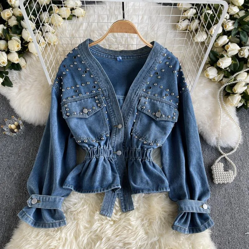 

Autumn winter 2022 vintage design new loose short rivet beads denim coat women