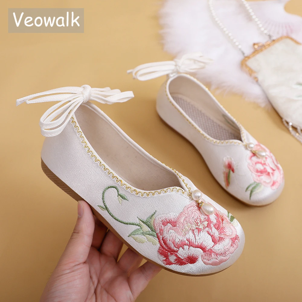 

Женские хлопковые балетки Veowalk, мягкие, жаккардовые, с цветочной вышивкой, с ремешком, винтажная повседневная обувь в китайском стиле
