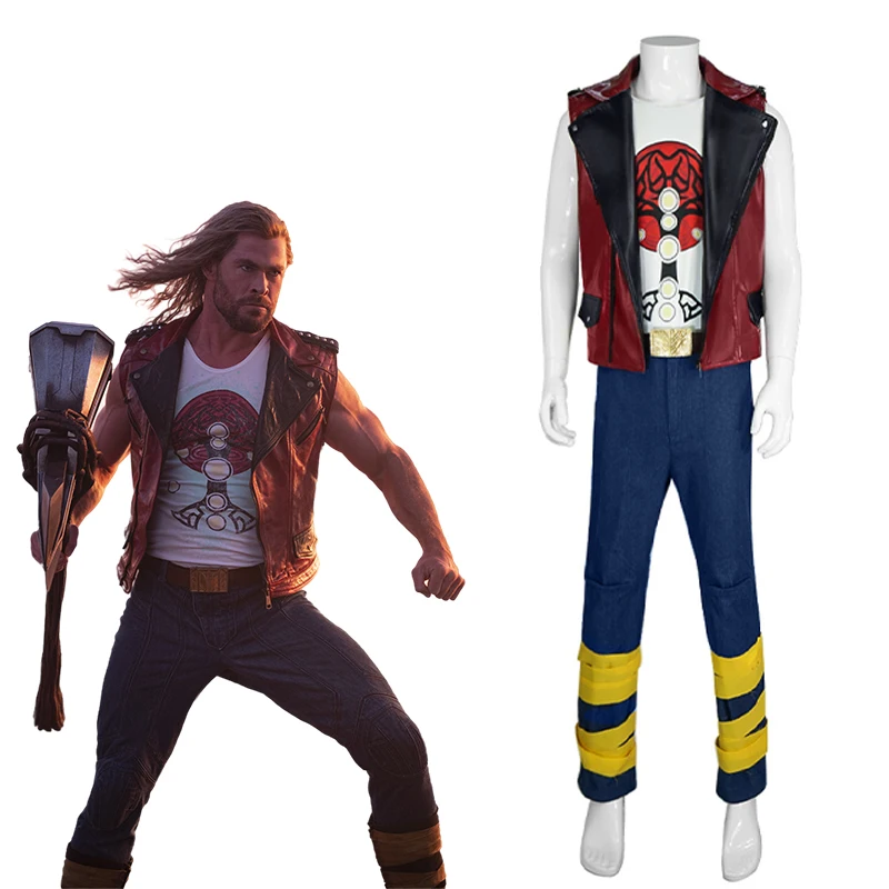 

Marvel Movie Thor Love and Thunder Cosplay Costume Superhero Thor Uniform Steampunk Leather Jacket Jeans Suit Halloween Clothes