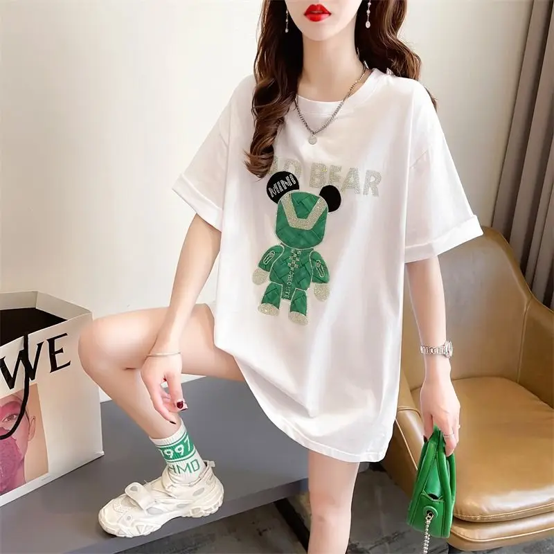 

Summer New Cotton Women T-shirt Bear Heavy Industry Hot Drill Diamonds Women Fashion Short Sleeves Clothes Women