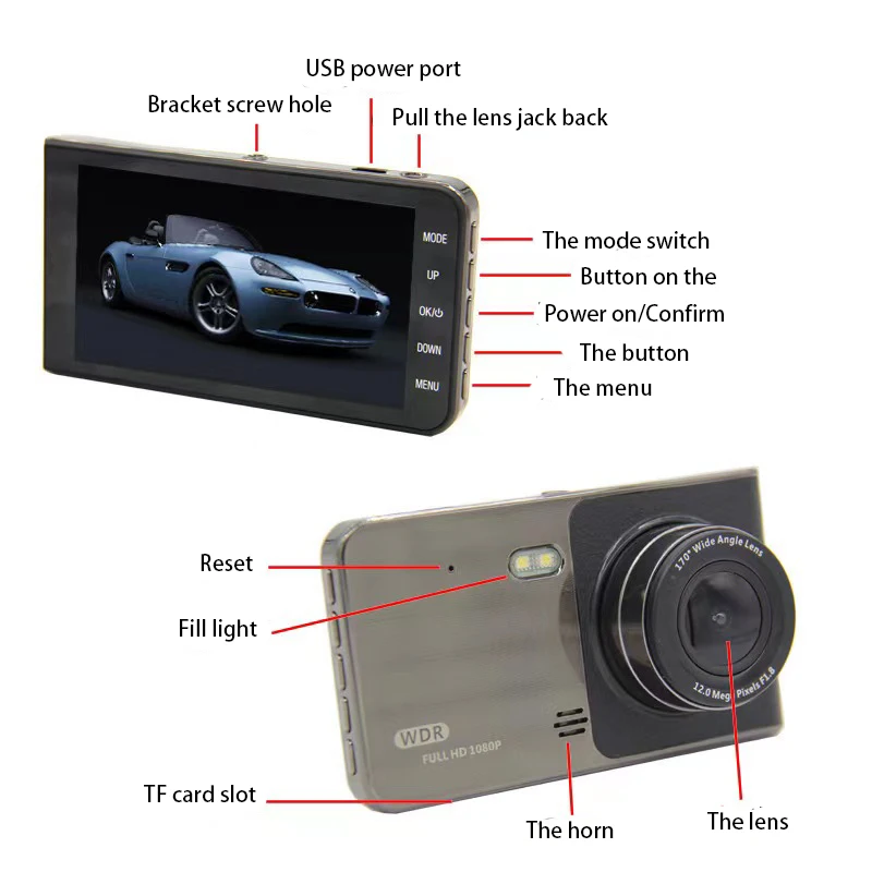 

Car Accessories1080P Four Inch Double Recorded Before And After DVR Car Driving Night Vision, Park Monitor, Loop Recording