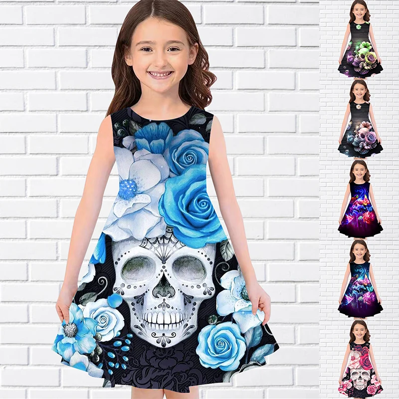 

Girls 3D Print Dresses Kids Girl Party Sleeveless Princess Dress Tank 3D Print Pretty Butterfly Rose Black Dress