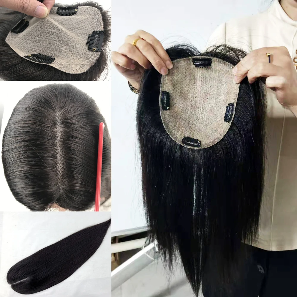 Human Hair Topper With 4 Clips In Silk Top Skin Base Virgin European Hair Toupee for White Women Hairpiece