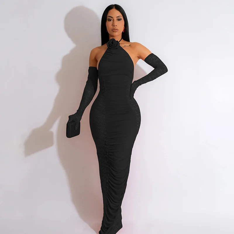 

Europe And America 2023 Summer New Hanging Neck Women's Sexy Tight Splice Perspective Round Neck One Step Dress