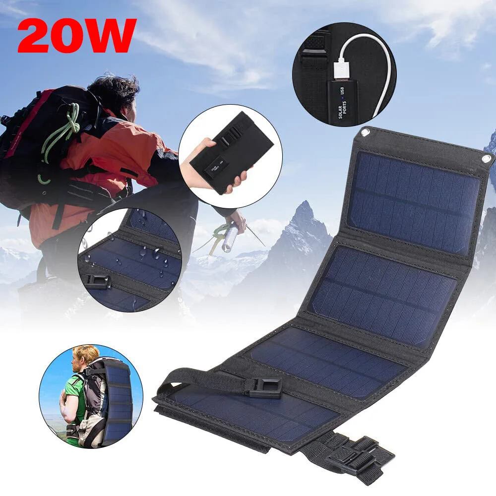 

1000W Outdoor Hiking fishing Solar panel 20W Waterproof USB Battery Charger Portable power bank For tourist cells phone camping
