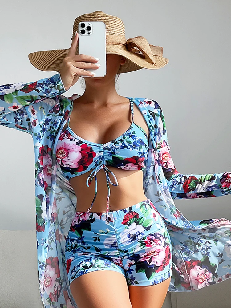 

Женский комплект бикини, комплект из 3 предметов, футболка с длинным рукавом и принтом, Y2k, винтажный весенне-летний женский комплект для пла...