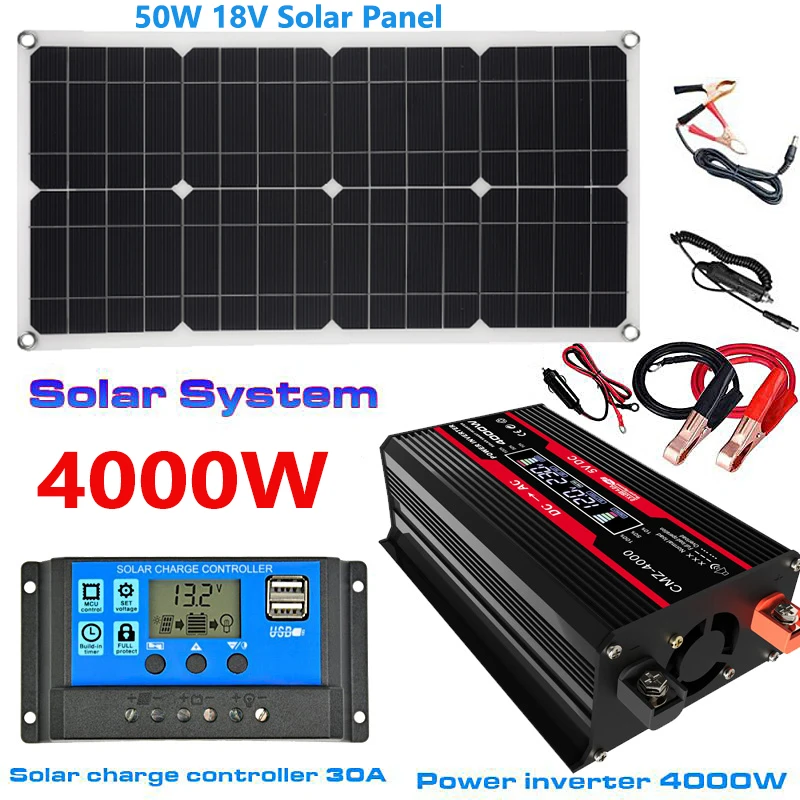

12V to 110V/220V Solar Power System 4000W Modified Sine Wave Inverter 50W Solar Panel 30A Charge Controller Power Generation Kit