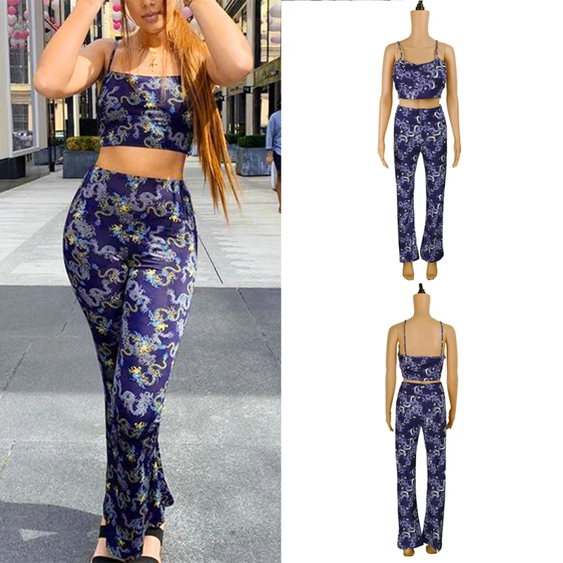 

Женские модные повседневные брюки на бретельках с рисунком дракона и маленьким колокольчиком, 2 предмета, темно-синий