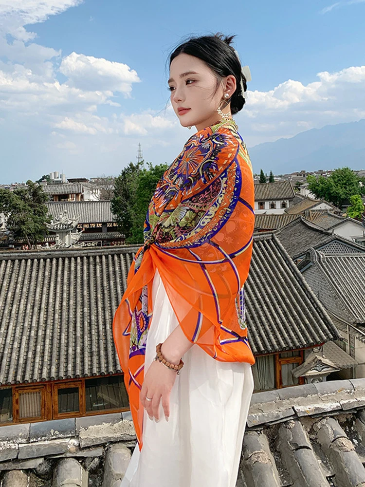 Новый элегантный женский шелковый шарф для отпуска саронг Пляжная накидка шаль