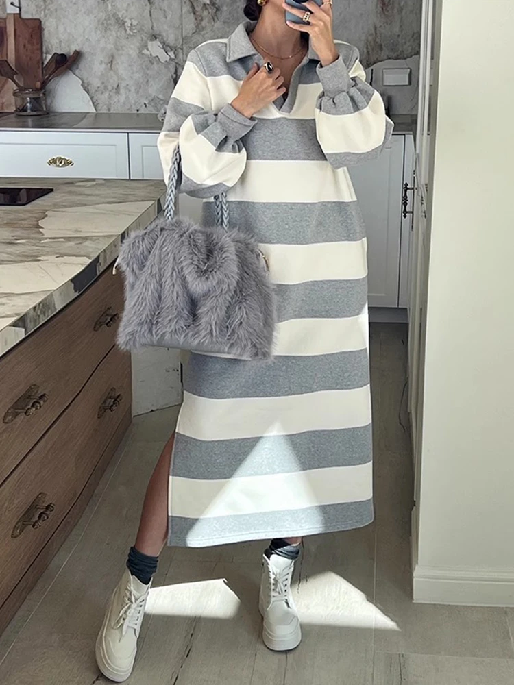 Южная Корея Шикарное осенне-зимнее платье с капюшоном в полоску контрастного