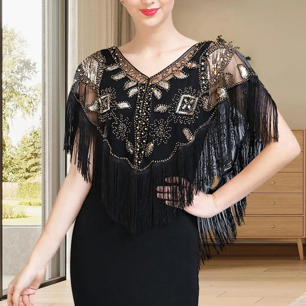 

Thin Evening Dress Cape 1920s Women's Sequined Shawl Tassel Fringe Beaded Faux Pearl Sheer Mesh Wrap Cape V Neck See-through