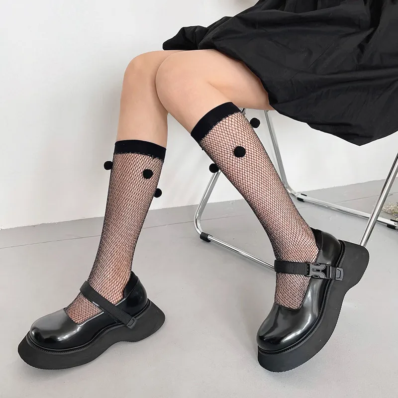

Summer Women's Socks Korea Harajuku New Design Hair Bulb Lolita Middle Tube Gril Black Mesh Sweet Calf Breathable Sock Female
