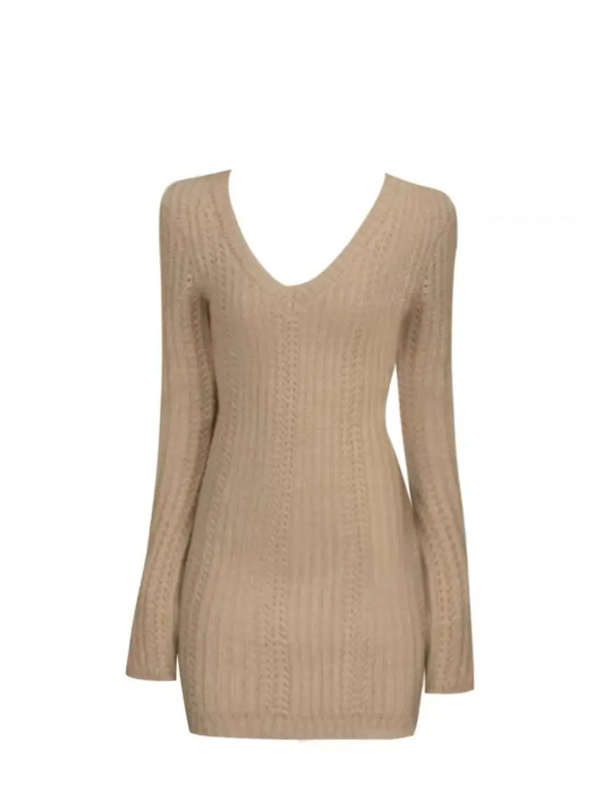 Серое трикотажное платье с v-образным вырезом и длинными рукавами женское