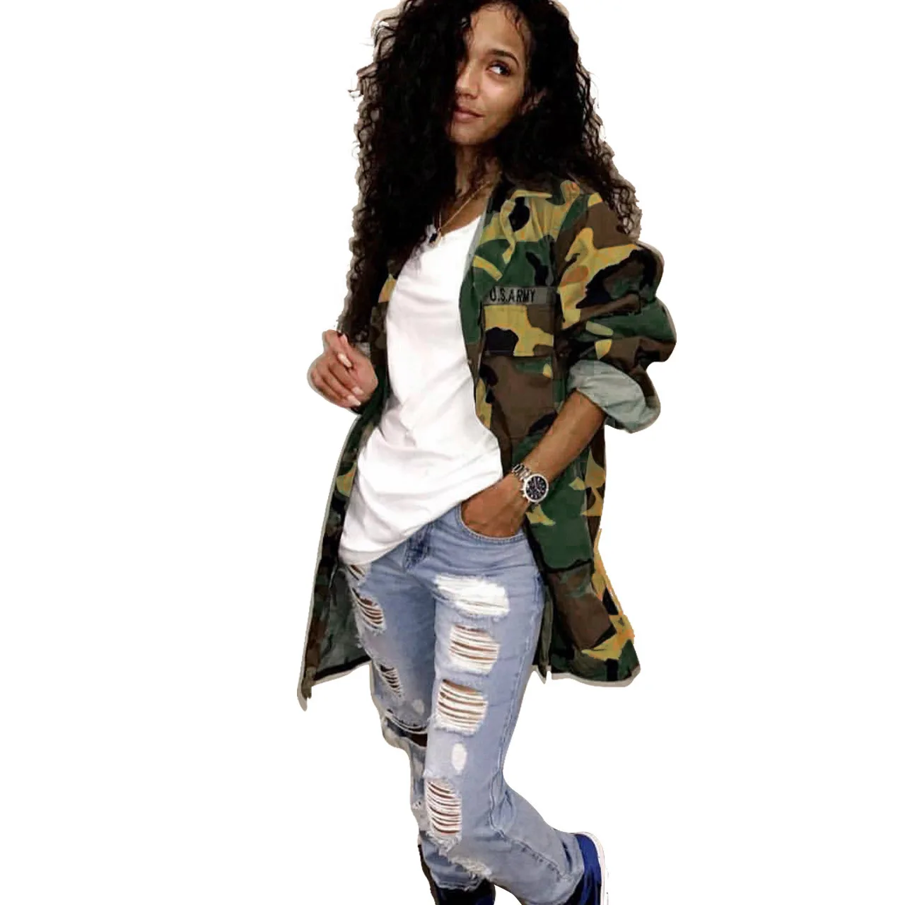 

2023 New Women's Sexy Camouflage Cargo Jacket Fashion Letters Camo Print BF Army Fatigue Jackets Pocket Military Safari Overcoat