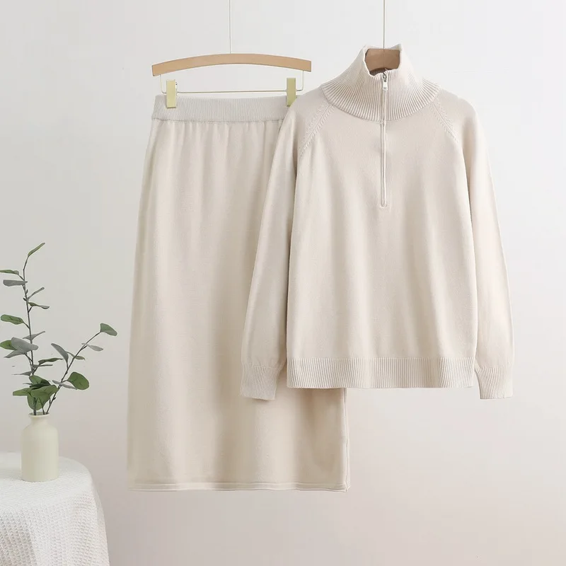 Fall Winter Knitted 2 Piece Sets Women Zipper Long Sleeve Knit Sweater Pullover Tops Conjuntos Casual High Waist Skirts Outfit