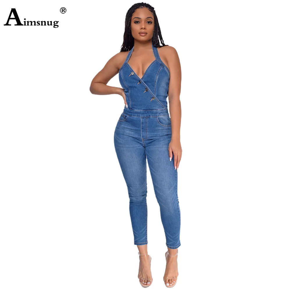 Aimsnug 2022 European Fashion Irregular Jeans Demin Jumpsuits Women's Halter Denim Trouser Female High Cut Skinny Demin Overalls