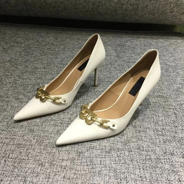 

2022 NEW Women High Heel Pumps Pointed Toe Genuine Leather Party Shoes Ladies Metal Decoration Stiletto Heels Shallow Footwear