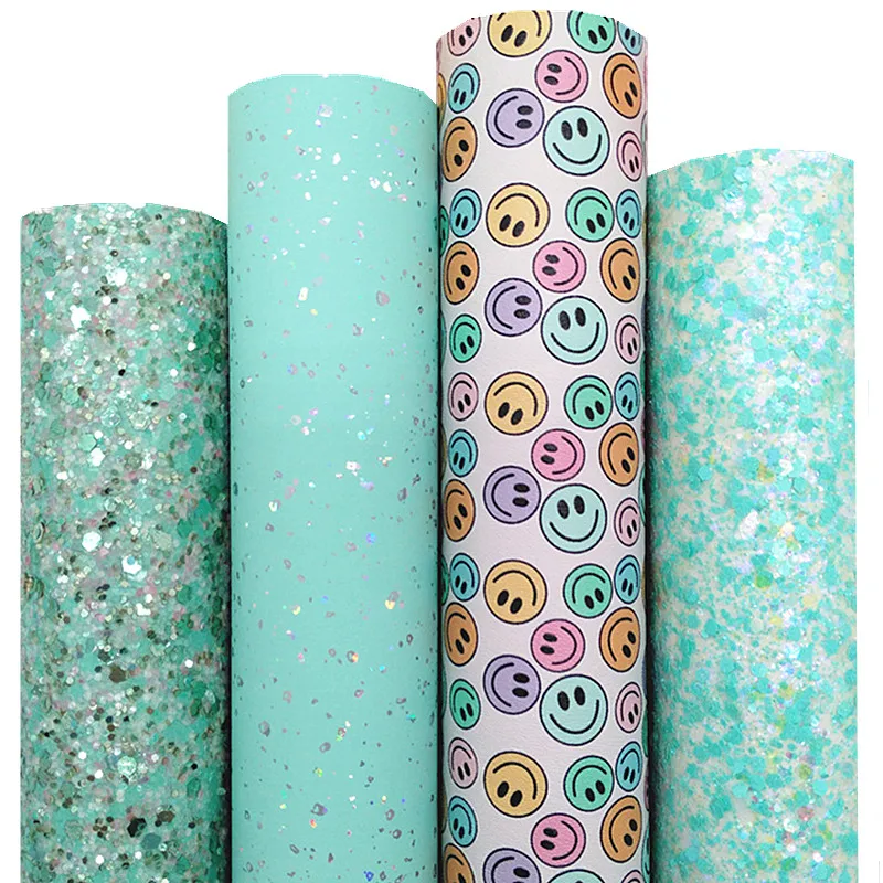 Mint Chunky Glitter Leather Sheets Iridescent Synthetic Leather Smiling Faces Printed Faux Leather For Bow DIY 21x29CM Q1565
