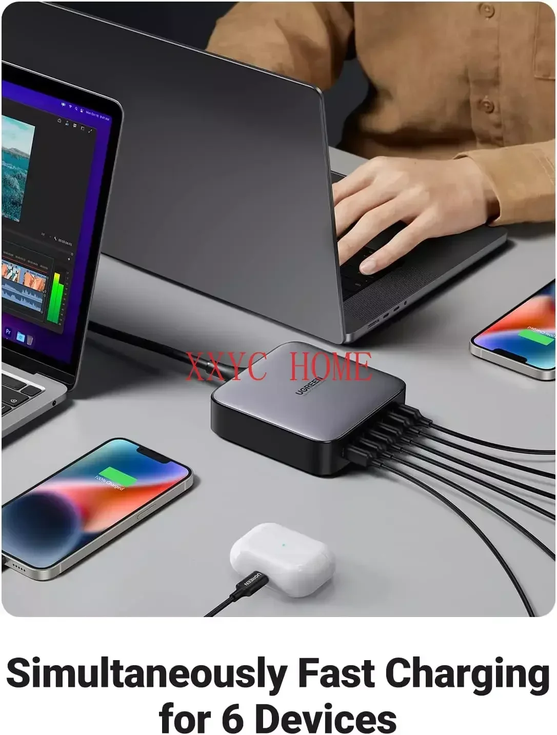 Зарядное устройство с кабелем USB C на 200 Вт 6 портов