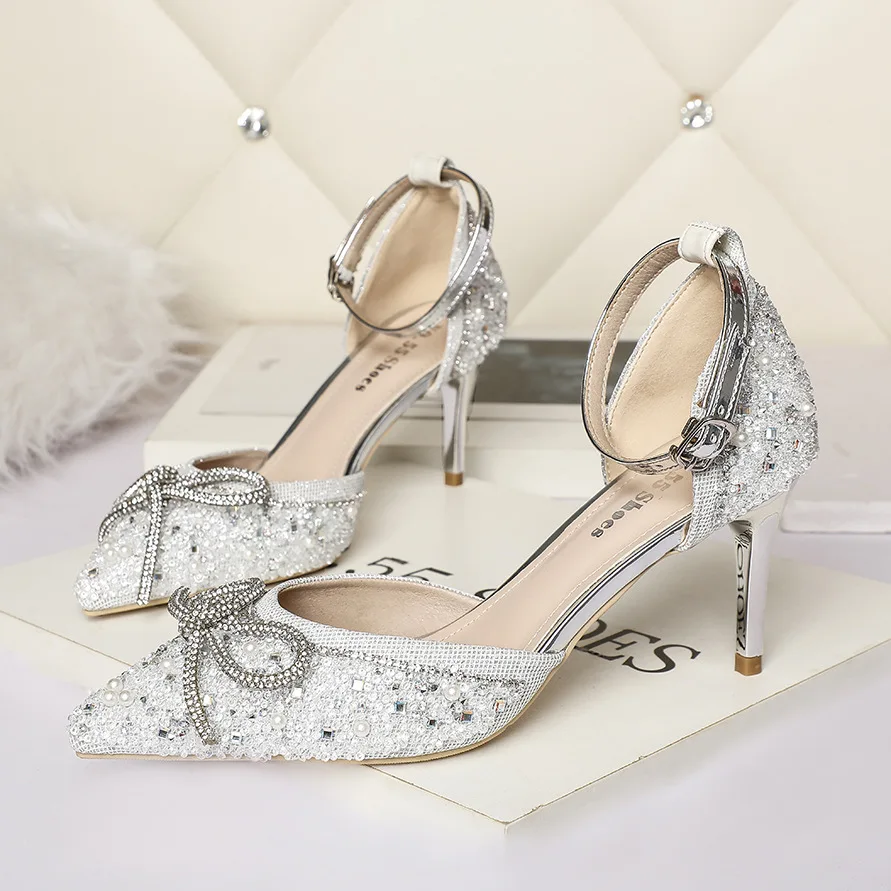 

8cm New Fashion Sequins Sandals Thin High Heels Female Ankle Wrap Pointed Toe Women Shoes 39 40