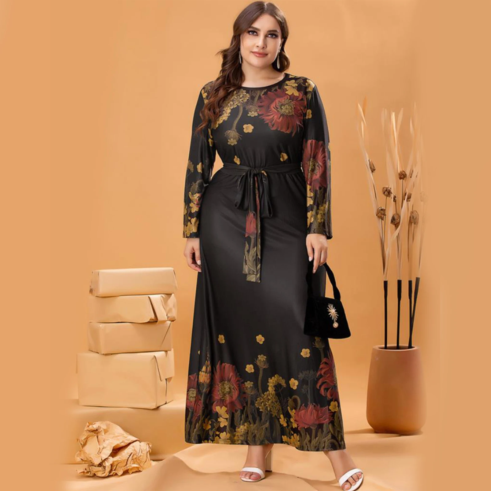 

Women Floral Print Plus Size 5XL Maxi Dress Chic Middle East Beach Dress Long Sleeves Party