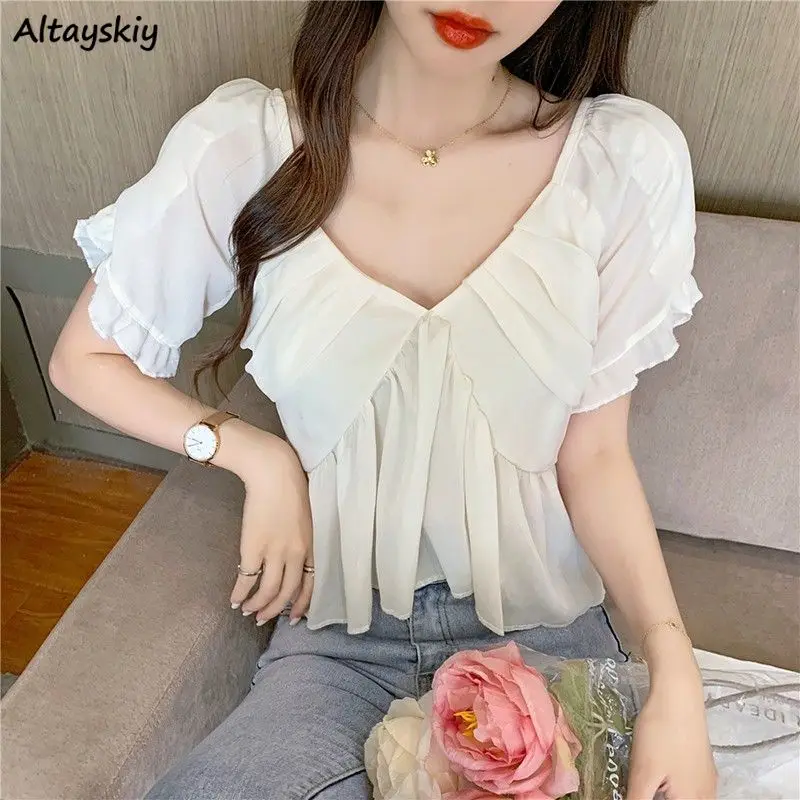 

Blouses Women Romantic Solid Mature Attractive Holiday Patch Designs V-neck Ulzzang Popular Elegant All-match Simple Leisure New