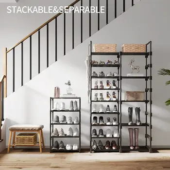 Shoe Rack Shoe Organizer Shelf, Shoe Storage Rack for Entryway, 50Pairs Shoe and Boots Black Metal Stackable Shoe Cabinet 6