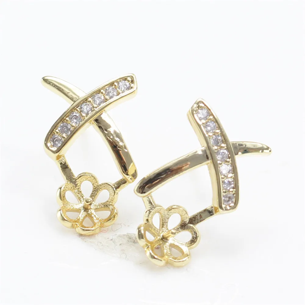 

Flower ear stud Plated 14K gold X zircon pearl ear pin S925 Silver needle DIY Accessories for women