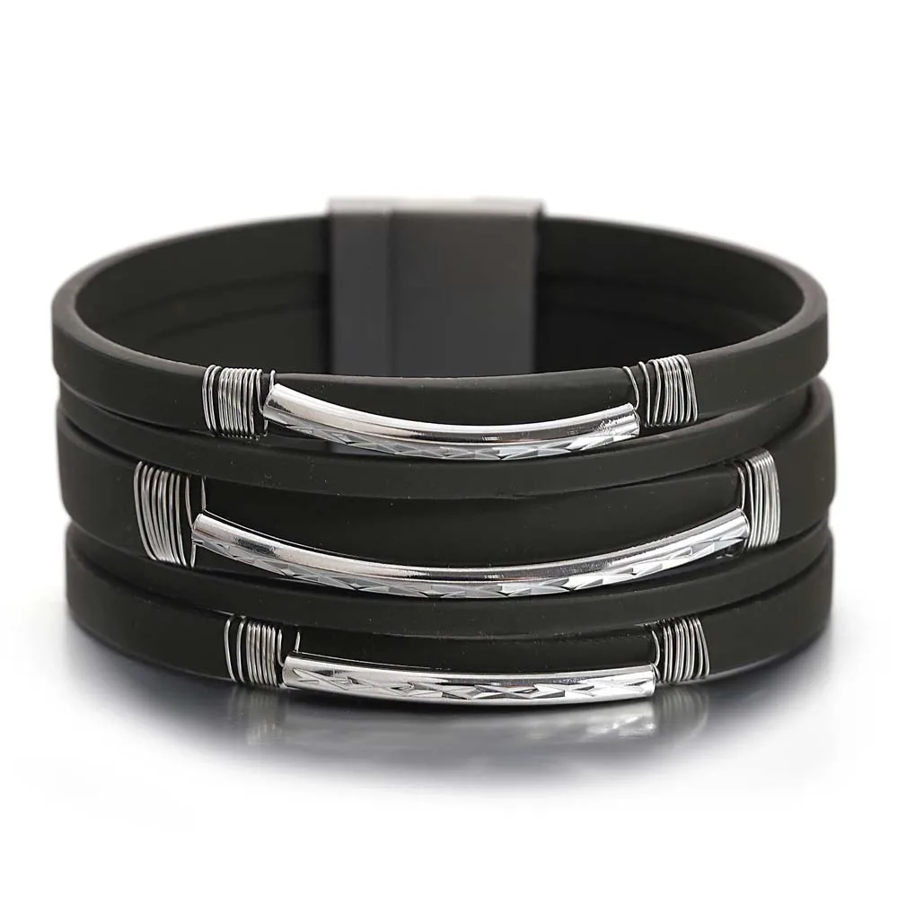 

Amorcome Fashion Leather Bracelets for Women Multi-layer Design Curved Metal Bar Charm Bracelet Magnetic Clasp Female Jewelry