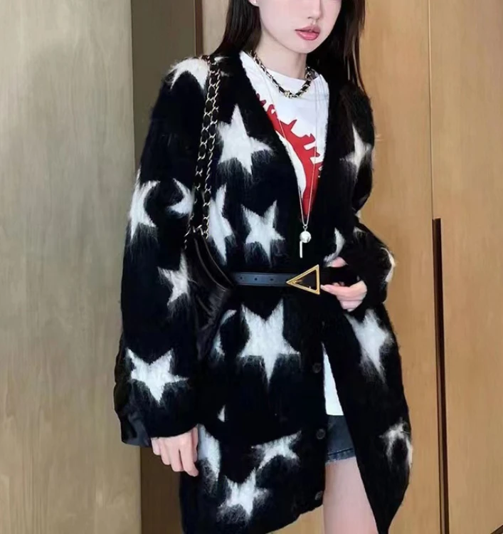 

132388 132387 Классический Модный Роскошный дизайнерский жаккардовый Кардиган со звездами средней длины, Женский Повседневный Свободный вязаны...