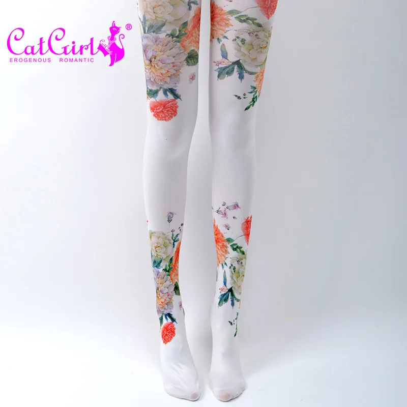 Spring Autumn National Style Silk Stockings Jacquard Pantyhose Big Peony Printed Base Socks Personality Socks Show Same Style