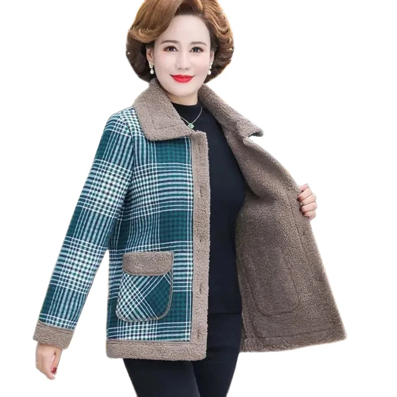 

New Splicing Lamb Velvet Jacket Women 2022 Autumn Winter Thick Plaid Coat Short Jacket Warm Parkas Middle-aged Female Outwear