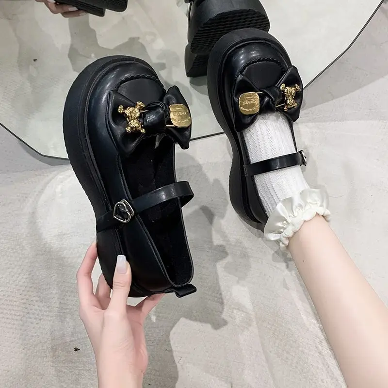 SHANPA Sweet Cool Mary Jane Leather Shoes Japanese Style for Women Thin Bow Shoes with Thick Soles In Spring and Summer 2023