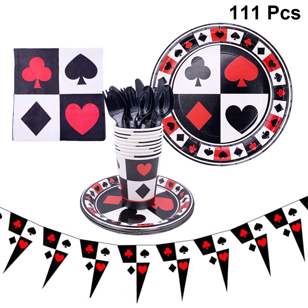 

Party Tableware Supplies Set Decor Casino Poker Game Theme Decorations Kit Cake Cutlery Banner Carnival Serves