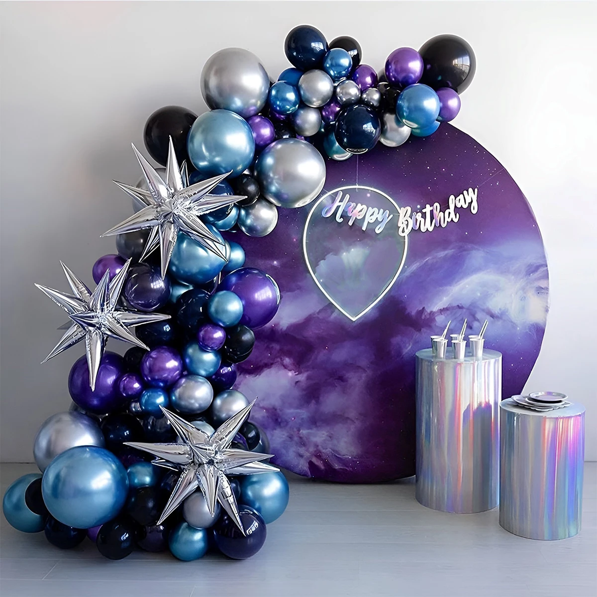 

L Balloon Garland Arch Kit Latex Galaxy Balloons Set Reusable Conical Foil Balloons Kit with Balloon Strip Ribbon Hook Straw