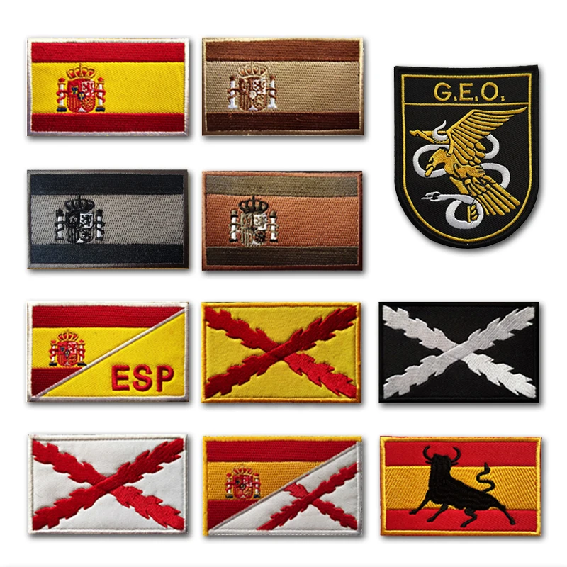 Parches bordados en 3D, insignias bordadas de PVC de goma, emblema militar del ejército, Bandera de Portugal y España
