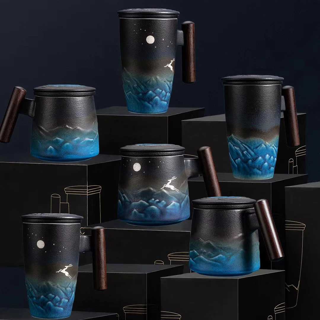 

Criativo retro copo de chá caneca cerâmica grande capacidade escritório filtro azul preto copo água com capa moomin tea cup
