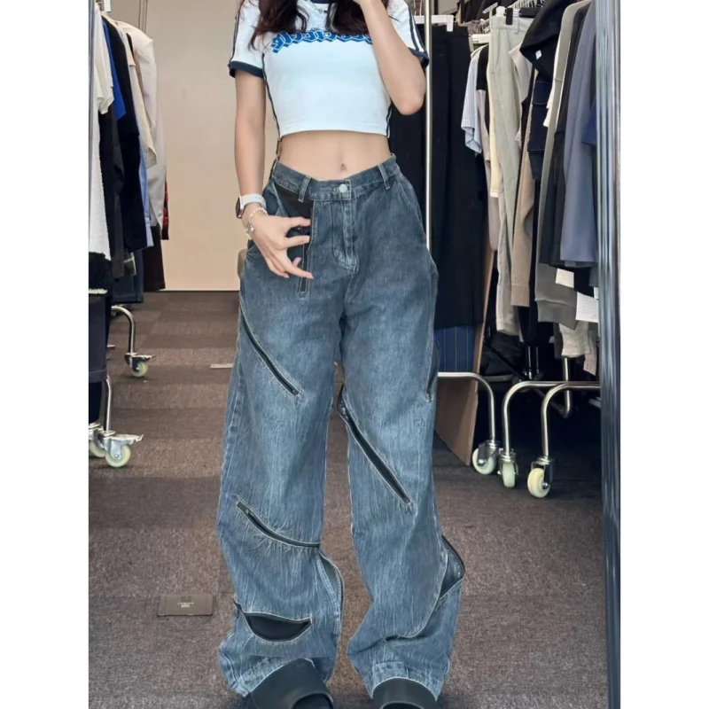 Новые модные высококачественные рваные джинсы на молнии большого размера женские универсальные прямые свободные драпированные брюки с широкими штанинами