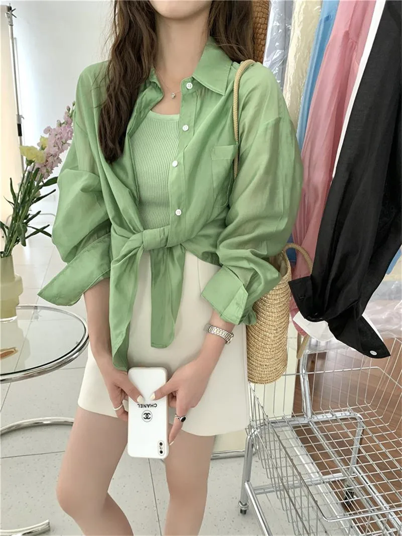 

2023 Rayon Summer Design sense Long Sleeve Knotted Turn-down Collar Lightweight Sunscreen Shirts Chic Breathable Blouses Coats