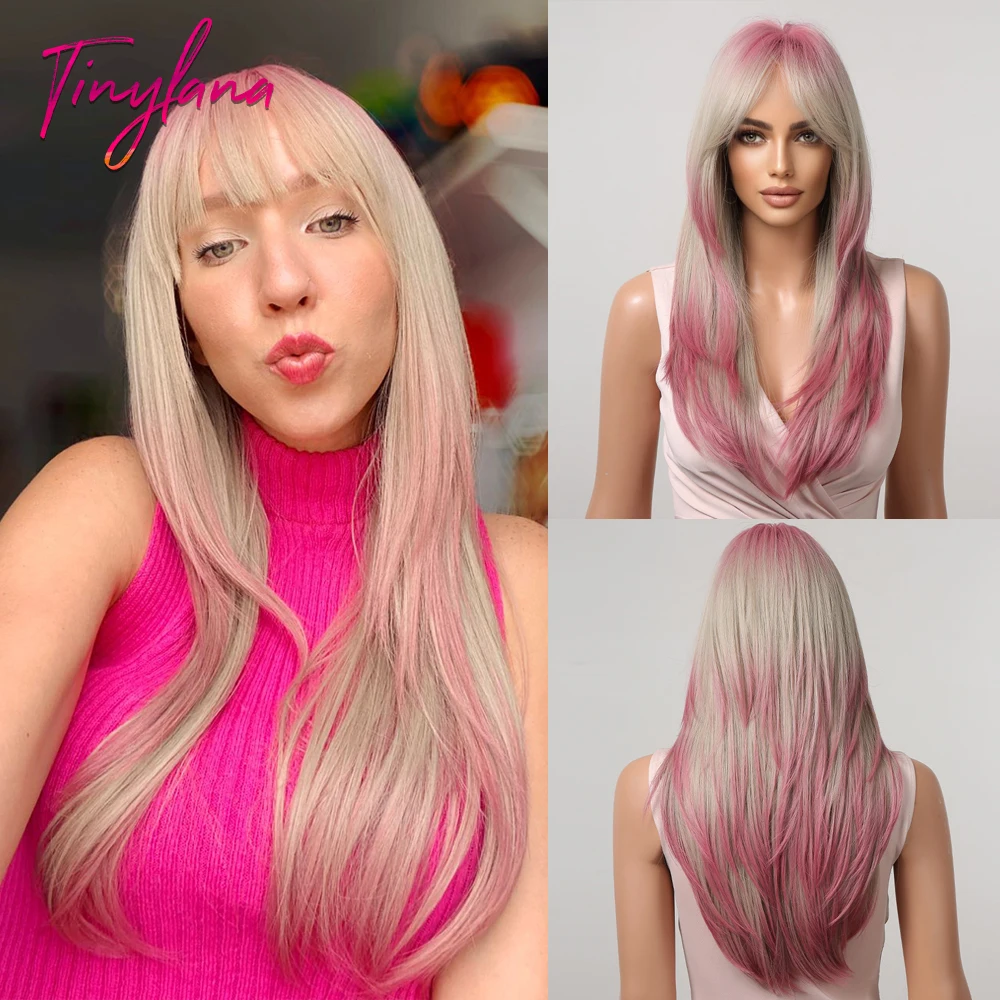 

Gray Ash Blonde Pink Highlight Synthetic Hair Wigs with Bangs Long Straight Ombre Cosplay Wig for Women Natural Layered Hair