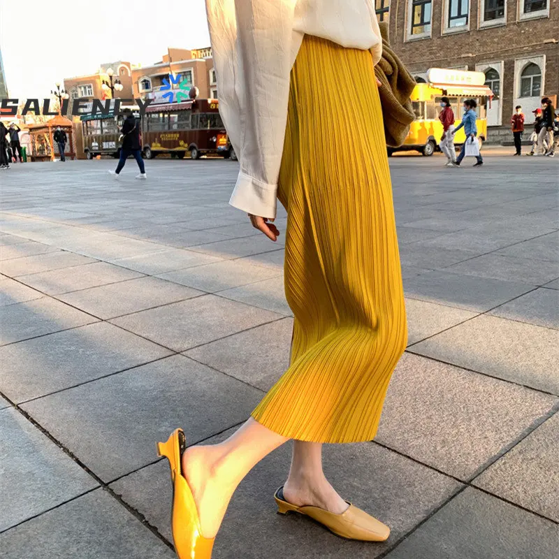 

Pleated Yellow Mid-length Skirts Female Summer High Waist Section Senior Sense Chiffon A-line Slit Pleated Long Skirt Elegant