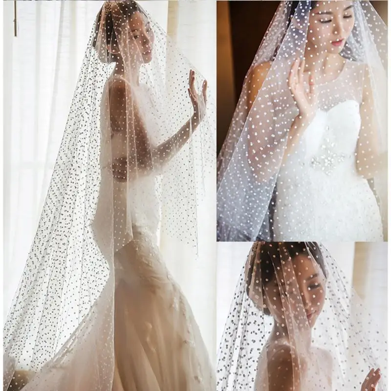 

Bridal Veils 3M Length Dots Tulle Wedding Veil 1T White Elegant Bride Ivory Party Without Comb