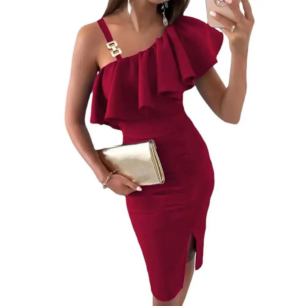

robe Elegant Dress Single Shoulder Strap Sexy Dress One Shoulder Lady Ruffle Midi Prom Dress summer dress women 2022 vestido