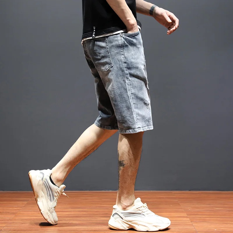 22ss Street Fashion Men's Denim Shorts Thin Men's Casual Five Points Straight Jeans Stretch Ripped Jeans