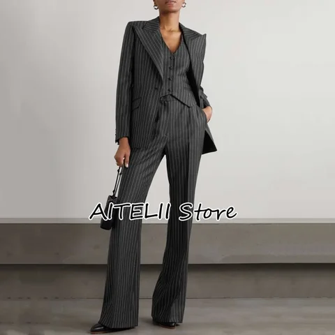 Женский модный костюм-тройка в полоску, облегающий однобортный деловой повседневный костюм с отложным воротником (пиджак + жилет + брюки)