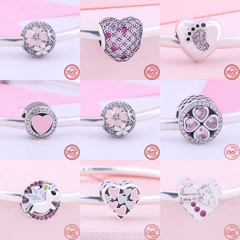 

Fit Original Brand Charms Bracelet Necklace Women Jewelry New Pink Love Mom Flower Heart Shiny Beads 925 Sterling Silver Gifts